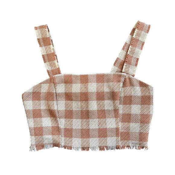 Forever 21 Cropped Square Neck Sleeveless Top Tan Grey Checkered Small - Picture 2 of 5